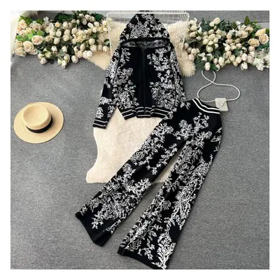 (black, One Size) Casual Fashion Sports Age-reducing Knitwear Two-piece Set Women&apos;s Premium