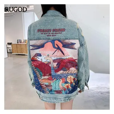 (blue, M) New Funny Cartoon Print Long Denim Jacket Women Vintage Streetwear Jean Jacket Casaco 