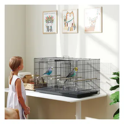 PawHut Bird Cage with Divider, Wooden Perches, Slide Out Tray, Black