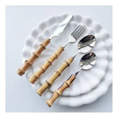 4/16/24/32Pcs Dinnerware Sets Original Nature Bamboo Handle Stainless Steel Upscale Cutlery For