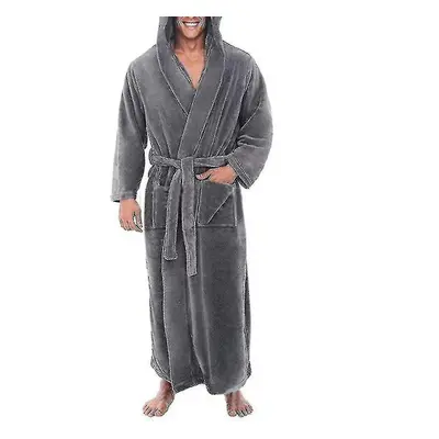 (Grey, S) Mens Fleece Hooded Long Soft Bathrobe