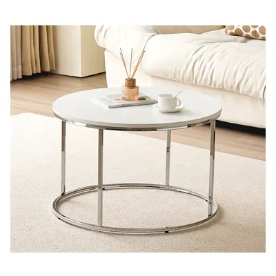 Circular Coffee Table With Silver Metal Frame and Wood White Table Top