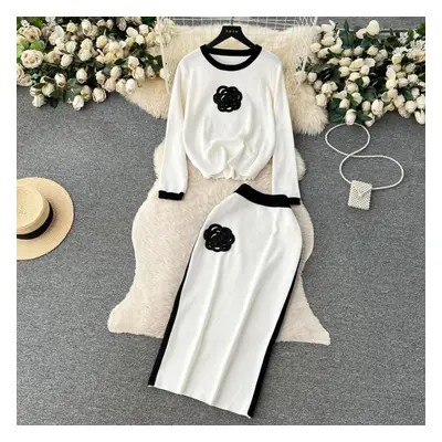 (white, One Size) Autumn And Winter Contrast Design Feel Round Neck Loose Sleeve T-shirt+high Wa