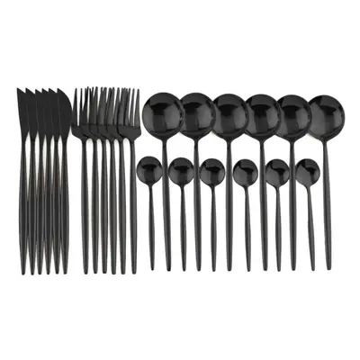 (black) 24pcs Black Gold Dinnerware Set Stainless Steel Cutlery Set Kitchen Fork Knife Spoon Tab