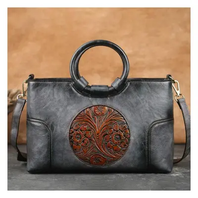 (grey) Johnature High Quality Leather Women Bag Retro Handmade Embossed Shoulder Bags Large Capa