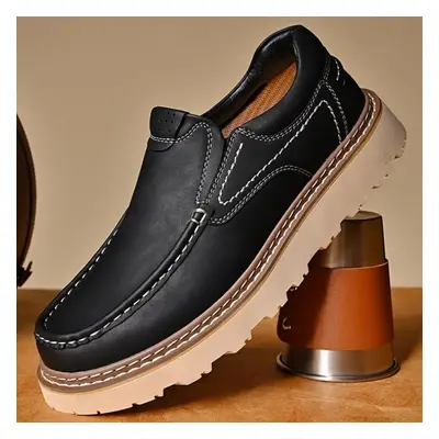 (black, 45) Fashion Men&apos;s Leather Casual Shoes Slip On Work Shoes