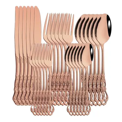 (rose gold) 30pcs/6set Gold Royal Cutlery Set Dinner Knife Fork Spoon Dinnerware Flatware Stainl