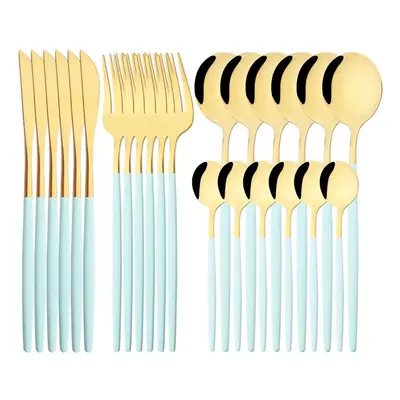 (mint,gold, 24PCS) Luxury 24pcs Rose Gold Dinnerware Set Knife Fork Spoon Cutlery Set With Gift 