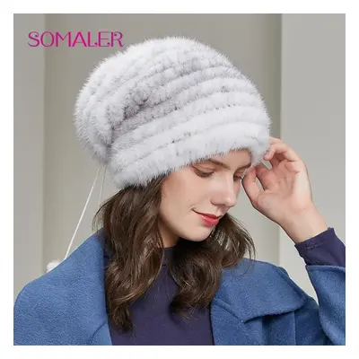 (white,grey) Somaler Winter Mink Fur Hats For Women Warm Loose Casual Girls Slouchy Beanie For C