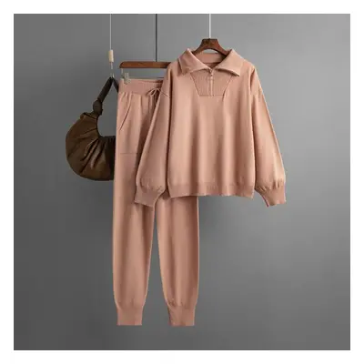 (pink, OneSize) Polo Collar Sweater Suits Women Autumn Winter Loose Knitting Two-piece Set