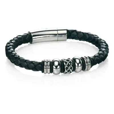 Fred Bennett Mens Black Leather Bracelet With Celtic Beads & Black Rubber 23cm