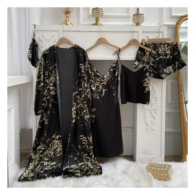 (black, XL) Women&apos;s Long Bathrobe Set Silk Spring Autumn Floral Print Ladies Dressing Gown 