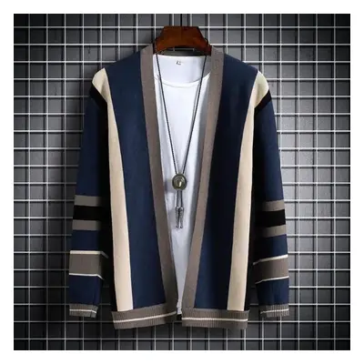 (navy blue, 2XL) Knit Sweater Male Coat Cardigan Men&apos;s Clothing Jacket Striped V Neck Blue 