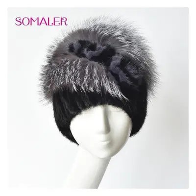 (black) Somaler Winter Fur Hats For Women Genuine Mink Fur With Fox Fur Pompom Knitted Beanies F