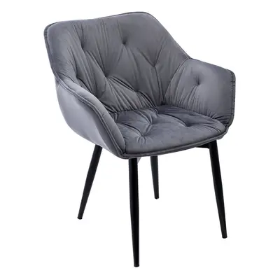 (Grey) MOF Dining Chair Velvet Thick Padded Armchair Upholstered Seat Tub Chair with Black Metal