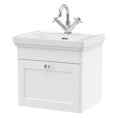 Traditional Wall Hung Drawer Vanity Unit with Tap Hole Fireclay Basin, 500mm - Satin White