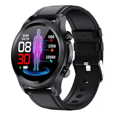 (black leather watchband) Blood Glucose Smart Watch Ecg+ppg Monitoring Blood Pressure Body Tempe