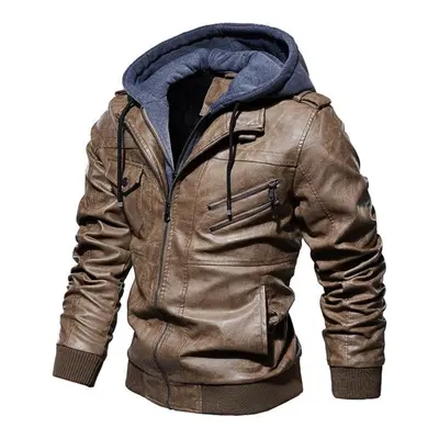 (khaki, L) Folklore Men &apos;s Warm Casual Hooded Leather Jacket In Autumn And Winter Fashion C