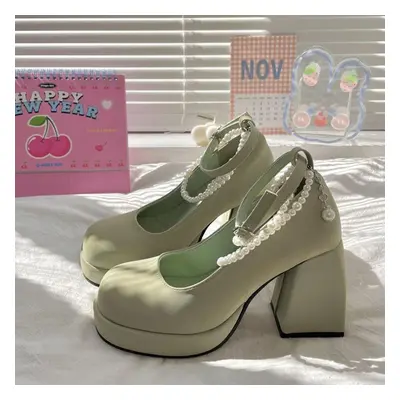 (as the picture, 37) Retro Pearl Bow Mary Jane Shoes Women Spring And Autumn Thick And Sweet Hig