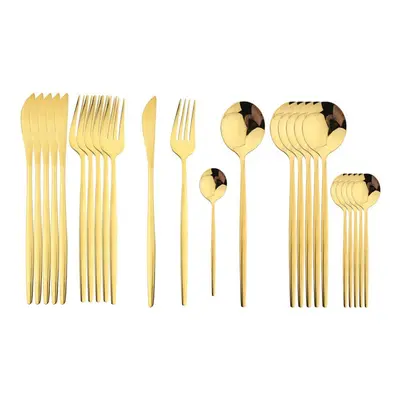 (gold, 24pcs) 24pcs Black Handle Golden Cutlery Set Stainless Steel Knife Fork Spoon Tableware F