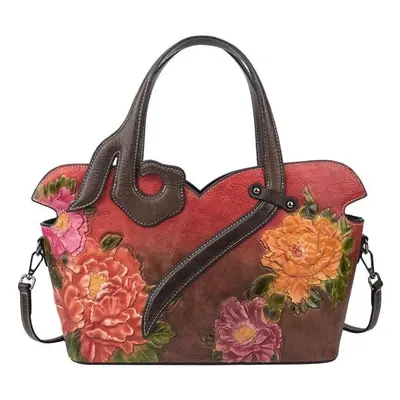 (red) European And American Style Women&apos;s Floral Genuine Leather Bags Spring Women Cowhide 