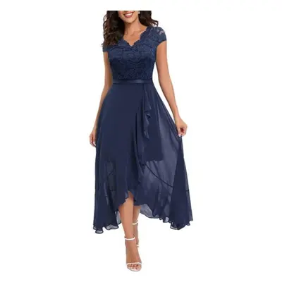 (navy blue, L) Women Party Dress Lace V Neck Ruffle Sleeveless Irregular Hem Dress-up Tight Wais