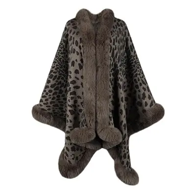 (grey) Women&apos;s Fashion Leopard Pattern Knitted Cloak Fashion Casual Women&apos;s Plush Top 