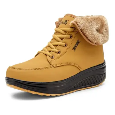 (yellow, 40) Women Winter Plus Velvet Snow Boots Casual Suede Lace Up Pu Warm Slope Heel Cotton 