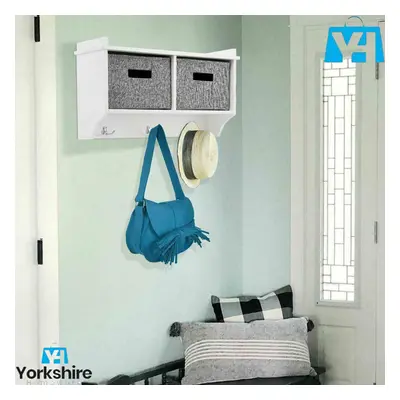 WALL MOUNTED WHITE COAT RACK WITH DISPLAY SHELF STORAGE UNIT BOX ORGANISER