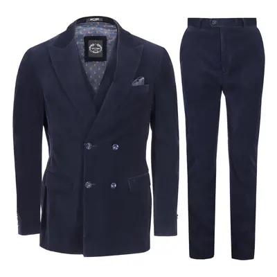 (54, Navy Blue) MATTHEW Mens Piece Corduroy Suit Classic Double Breasted Peak Lapels Retro Tailo