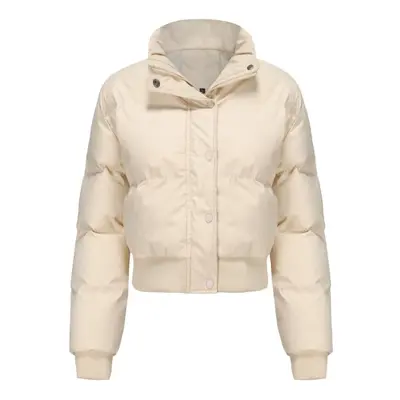 (khaki, XL) Women's Short Thick Jackets Cotton High Collar Long Sleeves Zipper Warm Puffer Coats