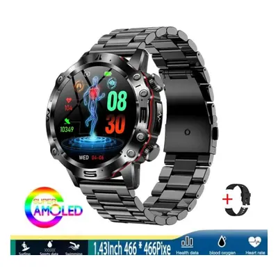 (Black, Steel strap) Smart Watch Men Blood Pressure Blood Oxygen ECG+PPG Bluetooth Call Sports F