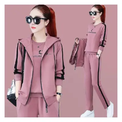 (pink, XXXXL) Sportswear Fashion Casual Sweater Three-piece Cardigan Middle-aged And Elderly Wom