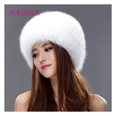 (white) Somaler Real Full Fox Fur Bomer Caps For Women Winter Knitted Fur Hats Wool Lining Warm 