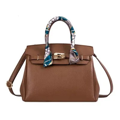 (dark brown, 30cm*15cm*24cm) Lock Handbag Fashion Lychee Pattern Single Shoulder Diagonal Platin