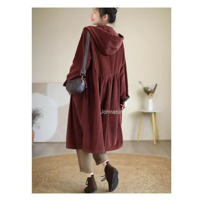 (burgundy, One Size) Johnature Women Vintage Corduroy Hooded Trench Button Solid Color Long Slee