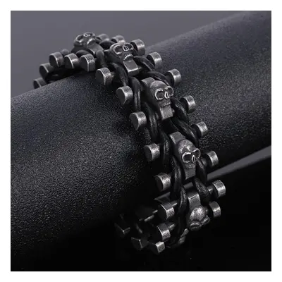 (as the picture, 23.4CM) 25mm Wide Skull Head Bracelet Men Handmade Leather Stainless Steel Men&