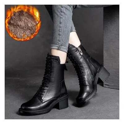 (black, 39-Plush) Johnature Winter Boots Genuine Leather Women Shoes Plush Warm Round Toe Handma