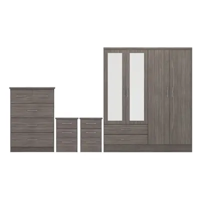 Nevada Piece Black Wood Grain Bedroom Set - Door Drawer Mirrored Wardrobe, Drawer Chest & x Draw