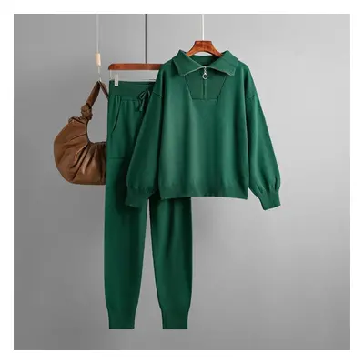 (green, OneSize) Polo Collar Sweater Suits Women Autumn Winter Loose Knitting Two-piece Set