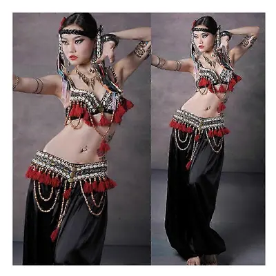 (M) Women Bra With Pants Belly Dance Suit Tassels Decor Dancing Performance Set