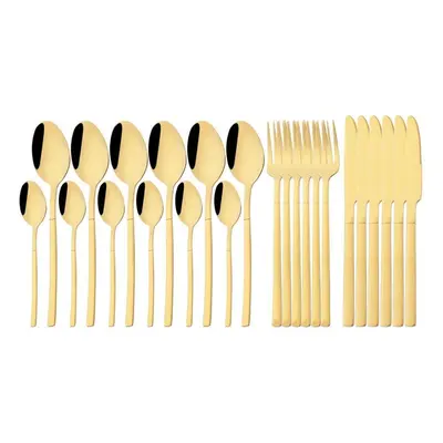 (24pcs-Gold) 24pcs Rainbow Color Cutlery Set Knife Fork Spoon With Rack Dinnerware Set Stainless