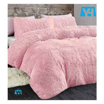 (Blush Pink, Double) Long Pile Teddy Fleece Duvets Quilts Cover Set Warm Fluffy Bedding Pillow C