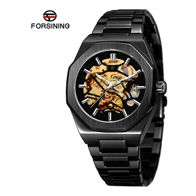 (Black) FORSINING Watches Men Waterproof Stainless Steel Automatic Chain Wristwatch