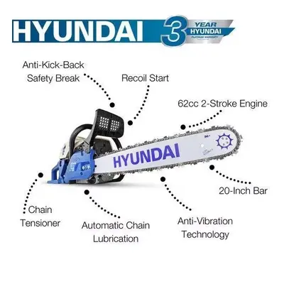 Hyundai Petrol Chainsaw 20" cm Bar 62cc 2-Stroke Easystart HYC6200X