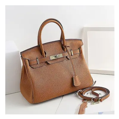 (Yellowish brown, 35*26*19cm) Ladies Women Leather Handbag Birkin First Layer Cowhide Leather To