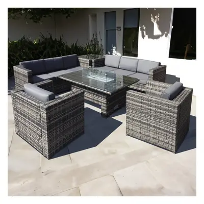 Malta Rattan Seat Rising Firepit Corner Set in Grey Walnut