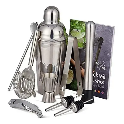 Oak & Steel - 10pc Stainless Steel Cocktail Making Set & Recipe Book