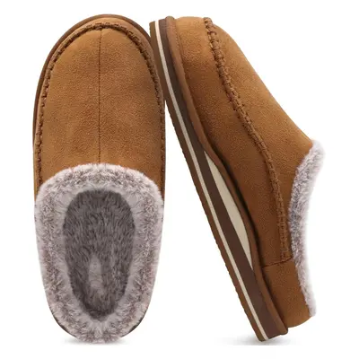 (10 UK, Fur Khaki) Mens Momery Foam Clog Slippers Comfy Handmade Stitch Microsuede Slip-on House