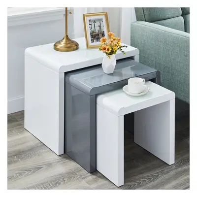 (Grey+White+White) 3PCS Nested Coffee Table Set High gloss Sofa Side